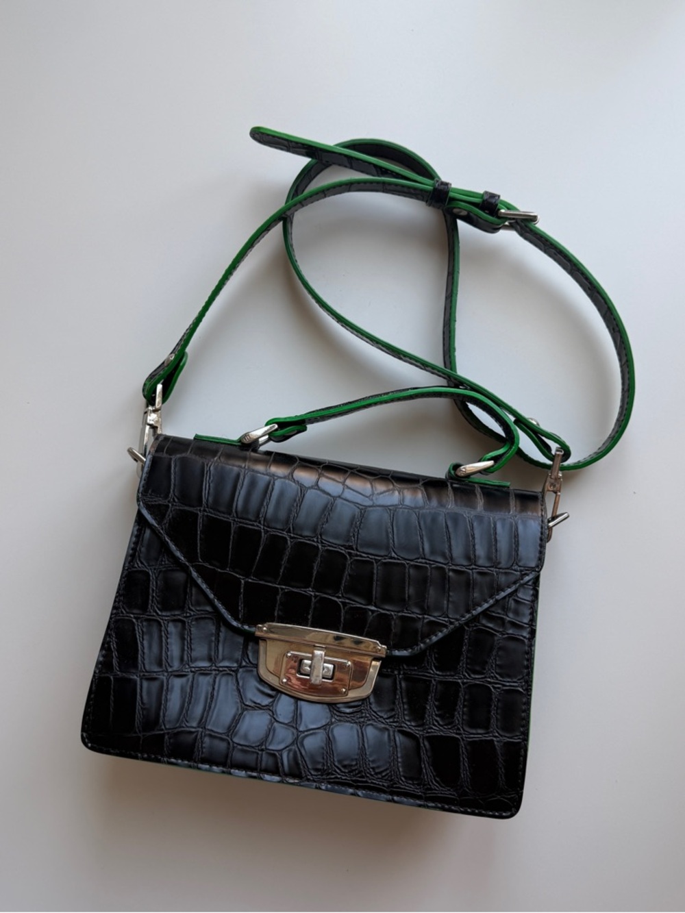 Ganni Black Croc-Embossed Leather Crossbody with Green Strap